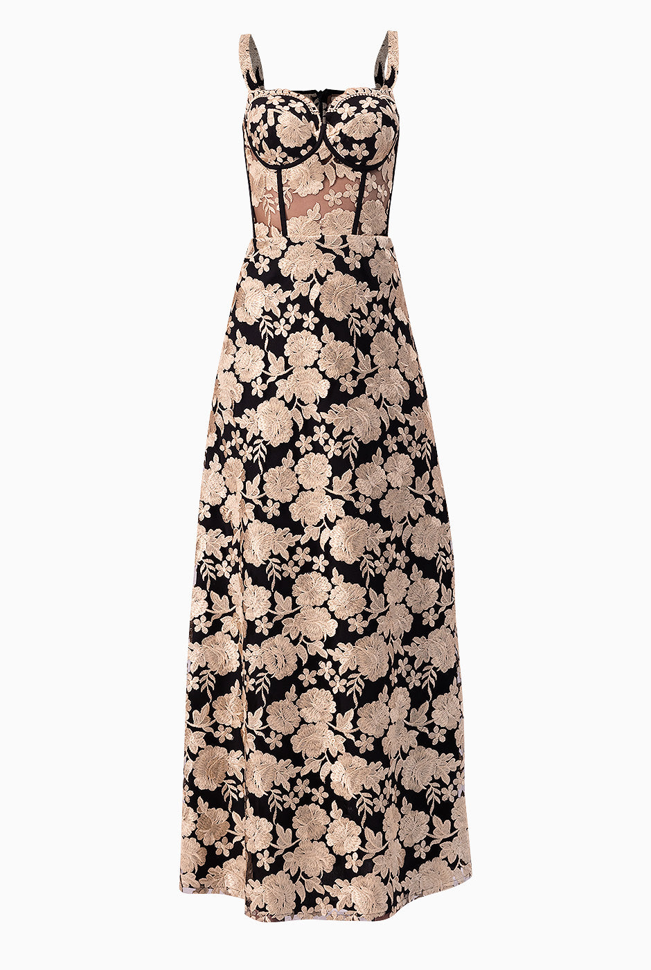 Vestido largo sin mangas dorado con corset y bordado floral