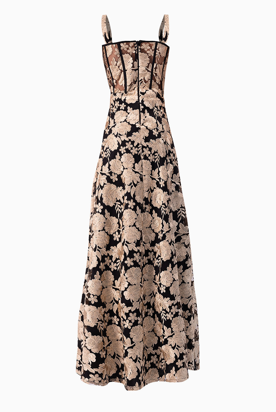 Vestido largo sin mangas dorado con corset y bordado floral
