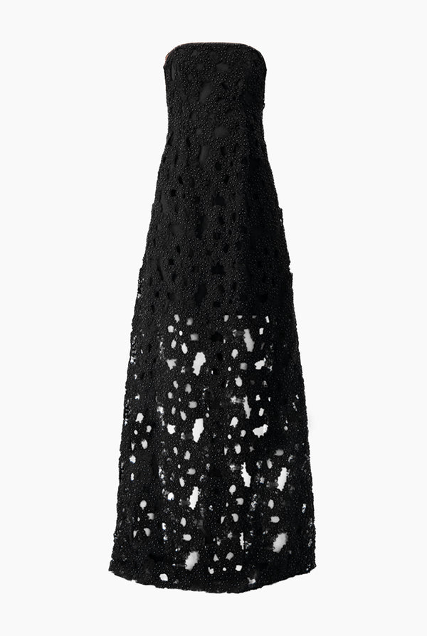 Vestido strapless con perlas