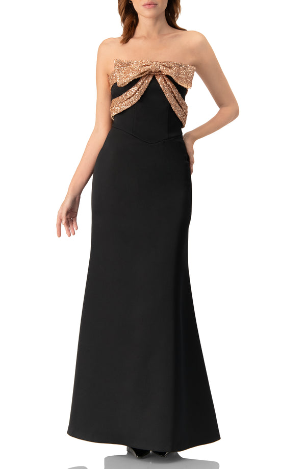 Vestido largo strapless con moño