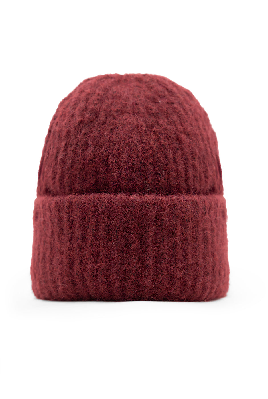 Gorro tejido de lana vino con borde acanalado