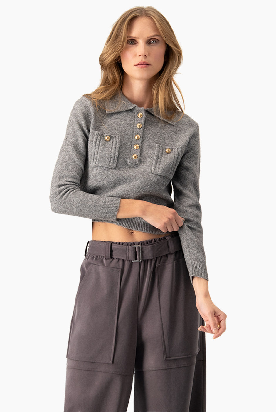 Suéter Shimmer Grey con botones dorados y brillo