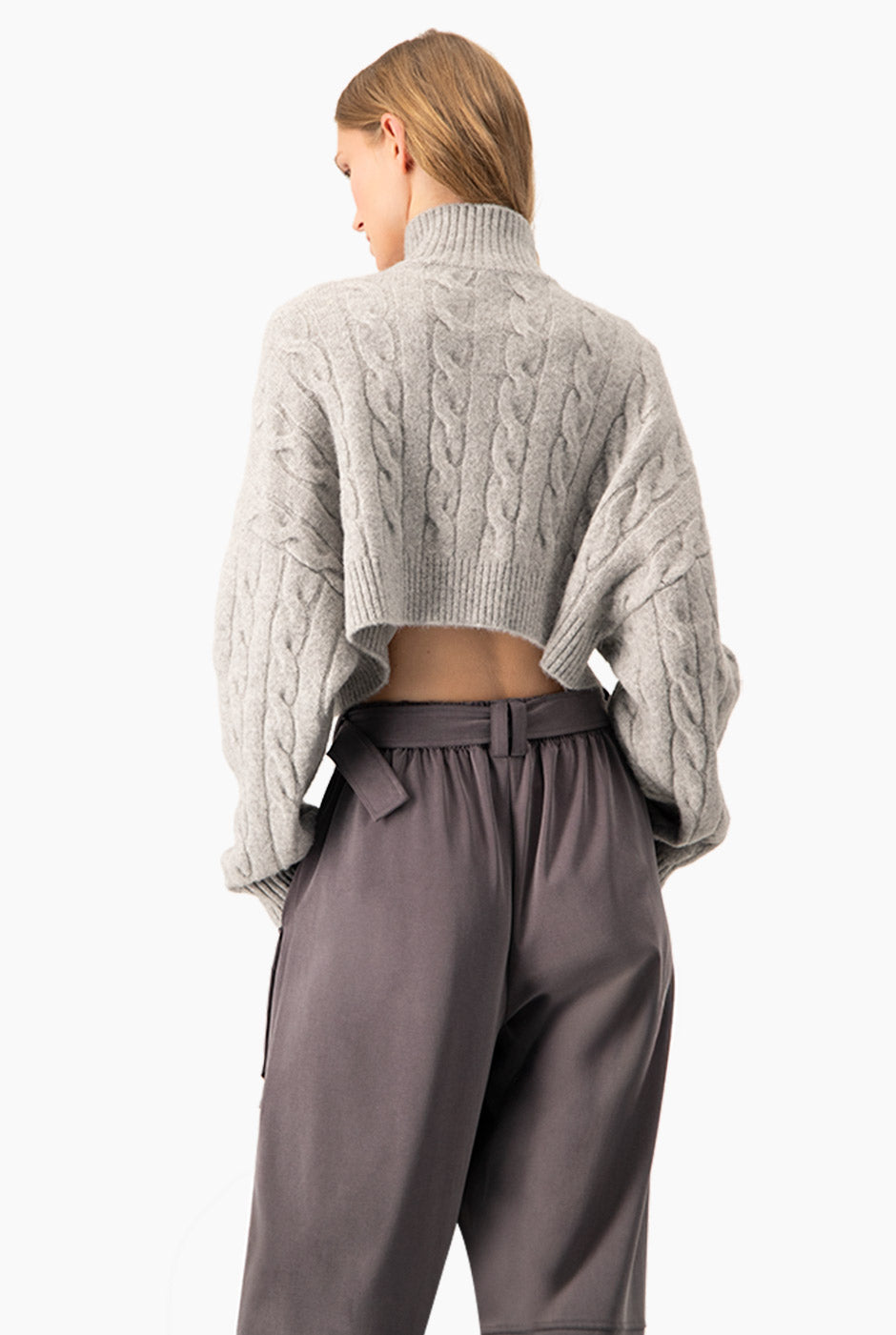 Suéter cable crop jaspe con trenzado y zipper